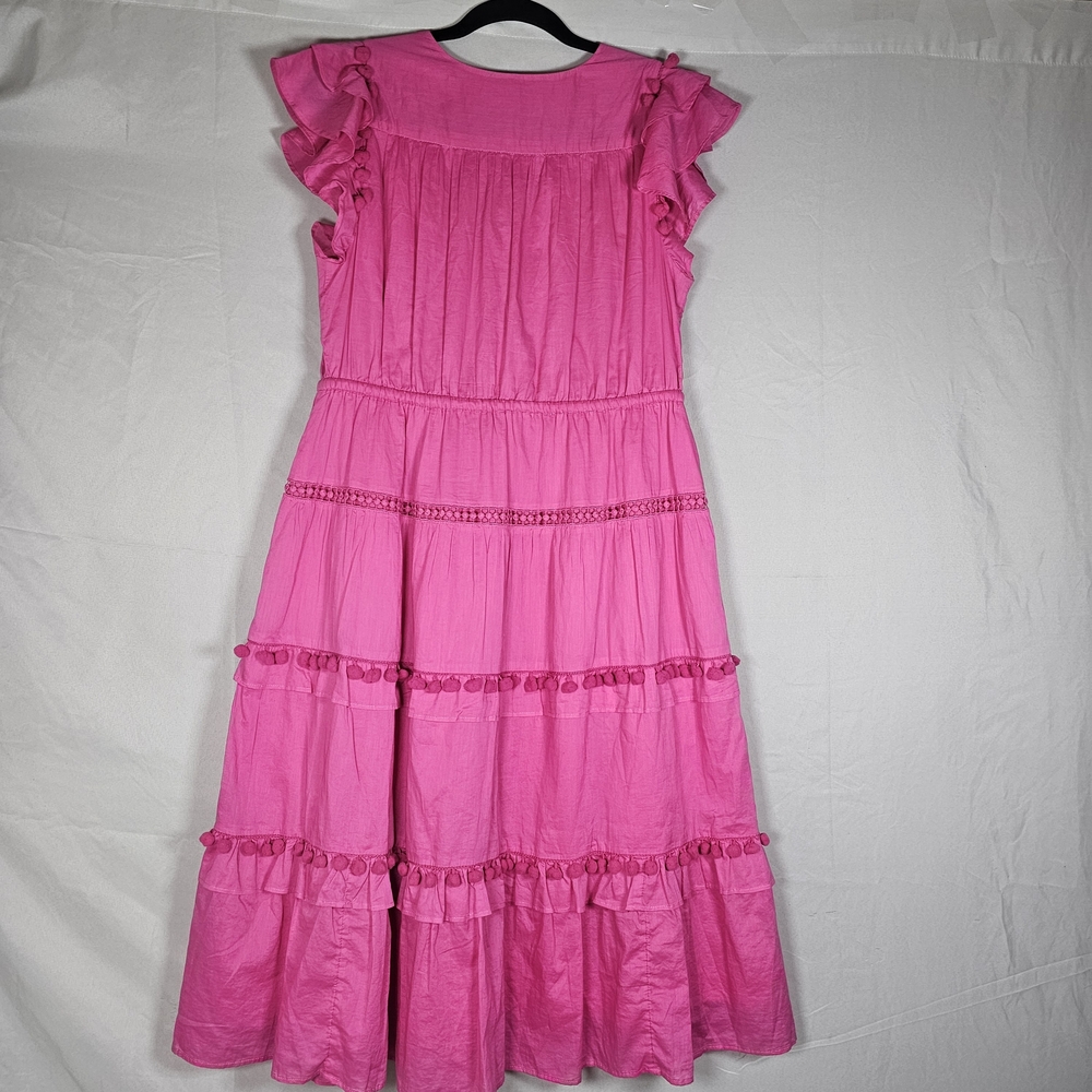 J. Crew Point Sur Pom‎ Pom Flutter Sleeve Midi Dress Flamingo Pink sz 12P - Picture 3 of 13